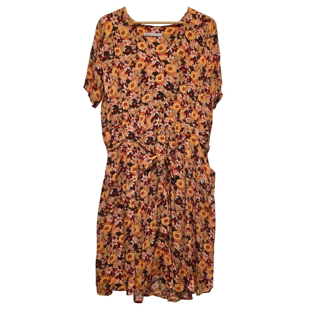 Vero Moda Floral Print Button Front Tie Waist Midi Dress Orange Brown Size XL